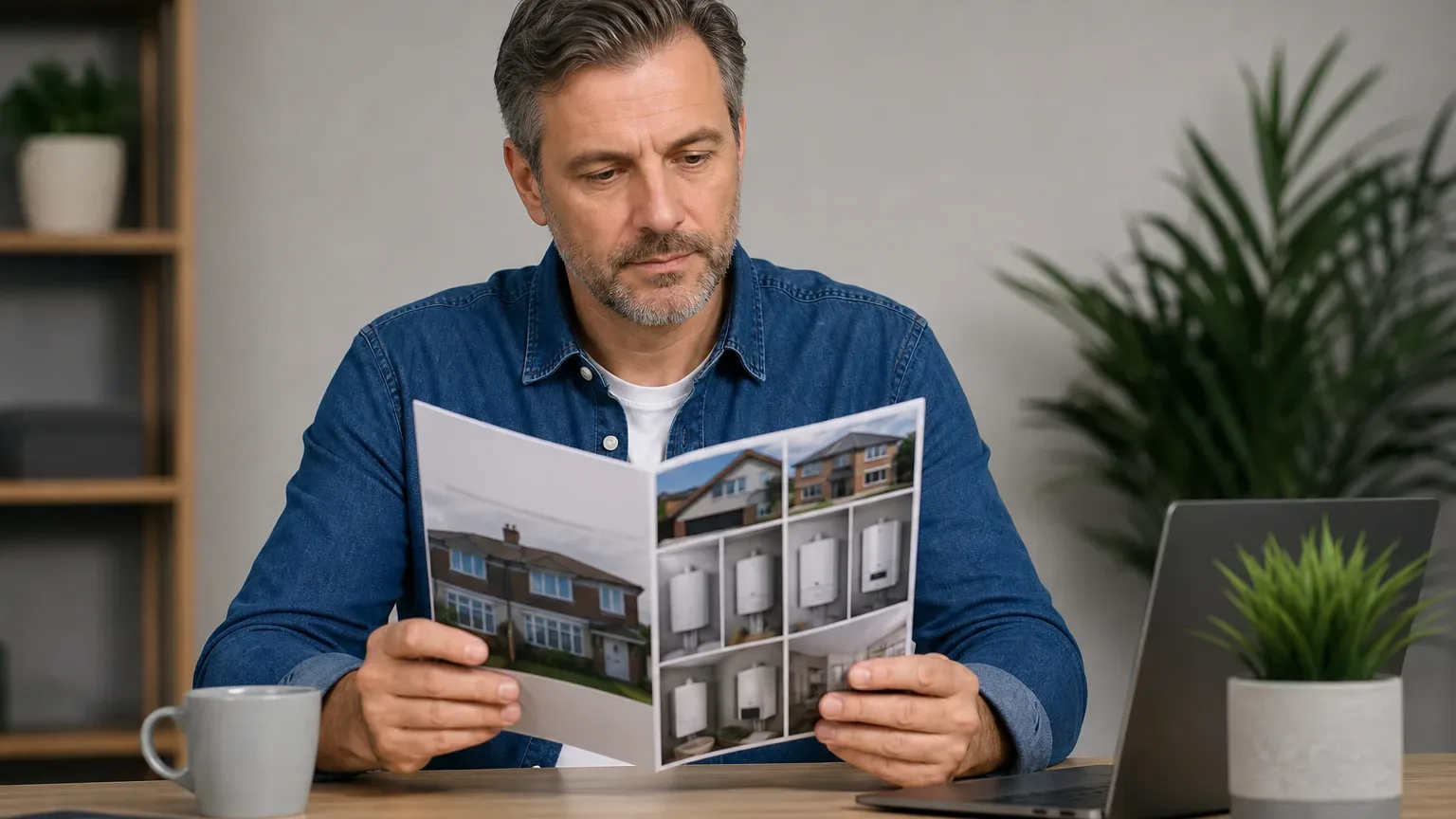 A landlord reviewing a multi-property boiler cover plan brochure at a desk