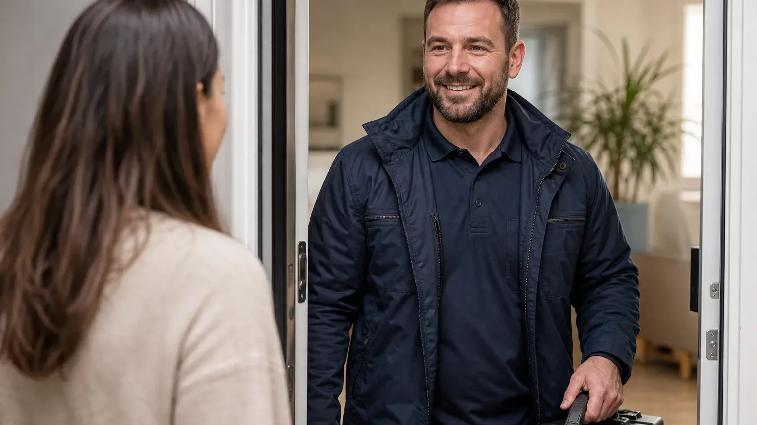 An engineer arriving for a routine covered annual service visit at a home