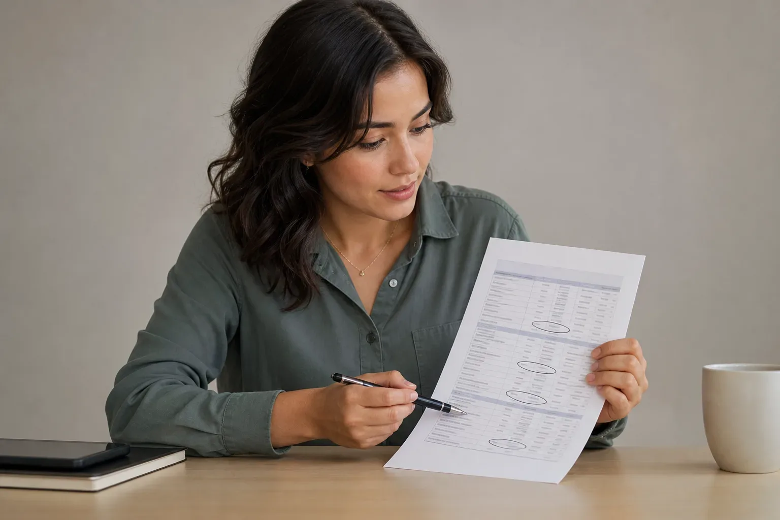 A monthly payment breakdown table printed and circled with a pen
