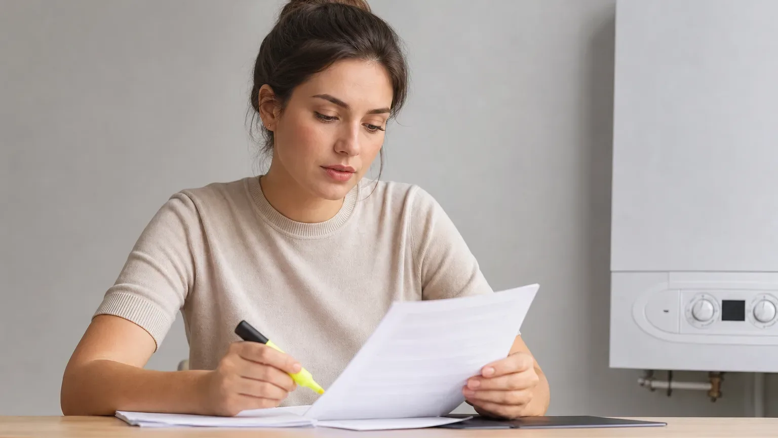 A person reading the exclusions section of a boiler cover policy with a highlighter