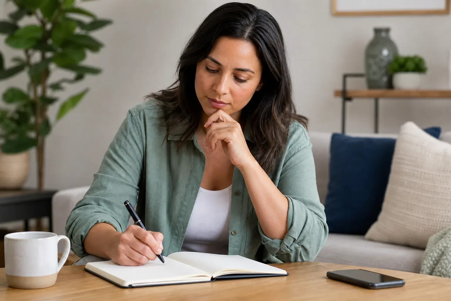 A homeowner writing cover plan questions in a notebook before calling their provider