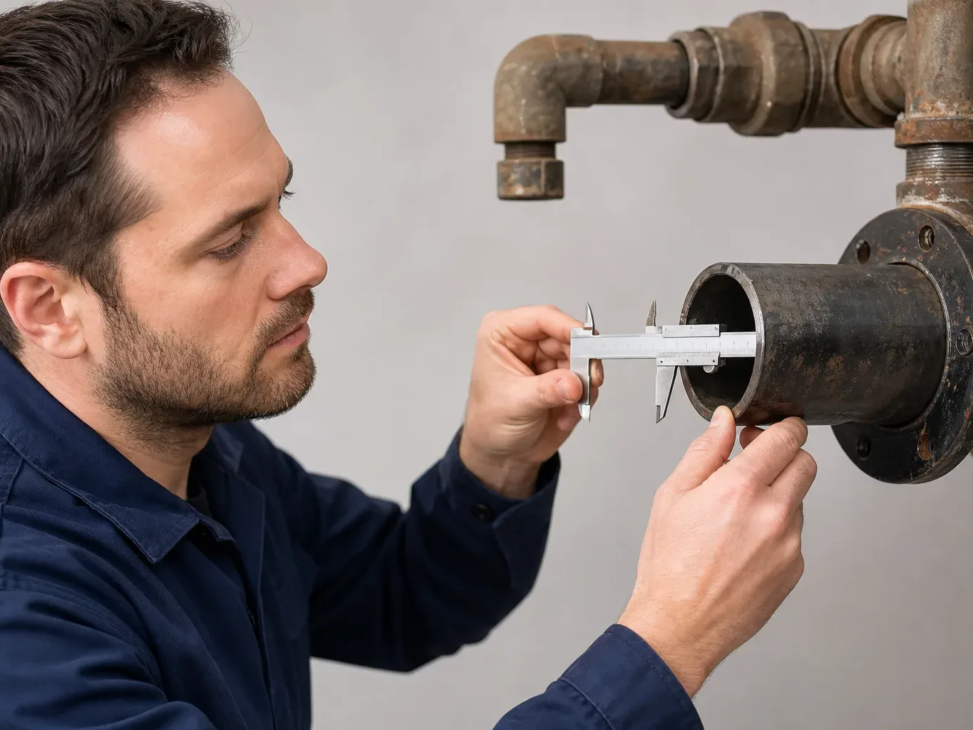 An engineer measuring the diameter of existing pipework with a caliper tool