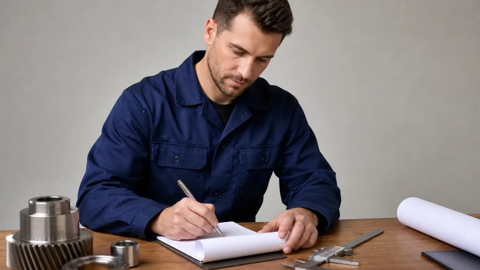 An engineer writing a labour charge breakdown on an invoice pad