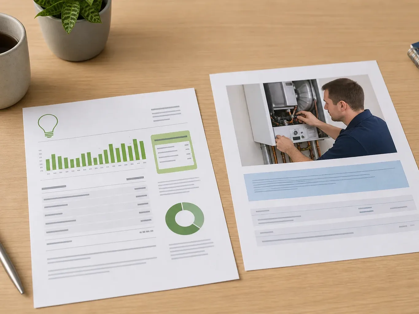 A household energy bill and a boiler service reminder letter side by side on a desk