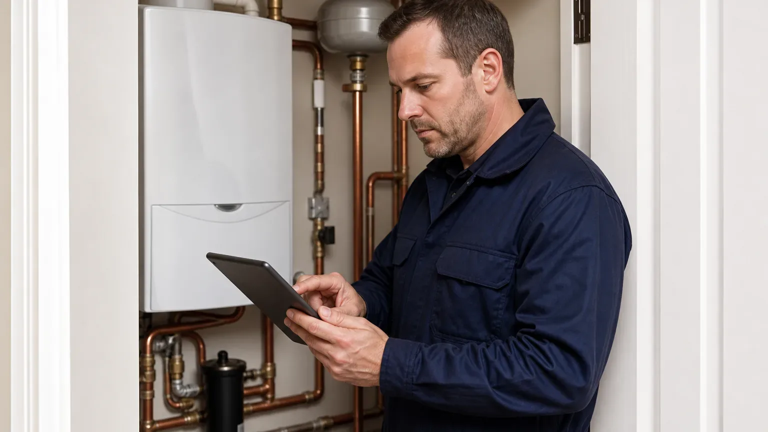An engineer using a tablet to generate a quote while standing in a boiler cupboard