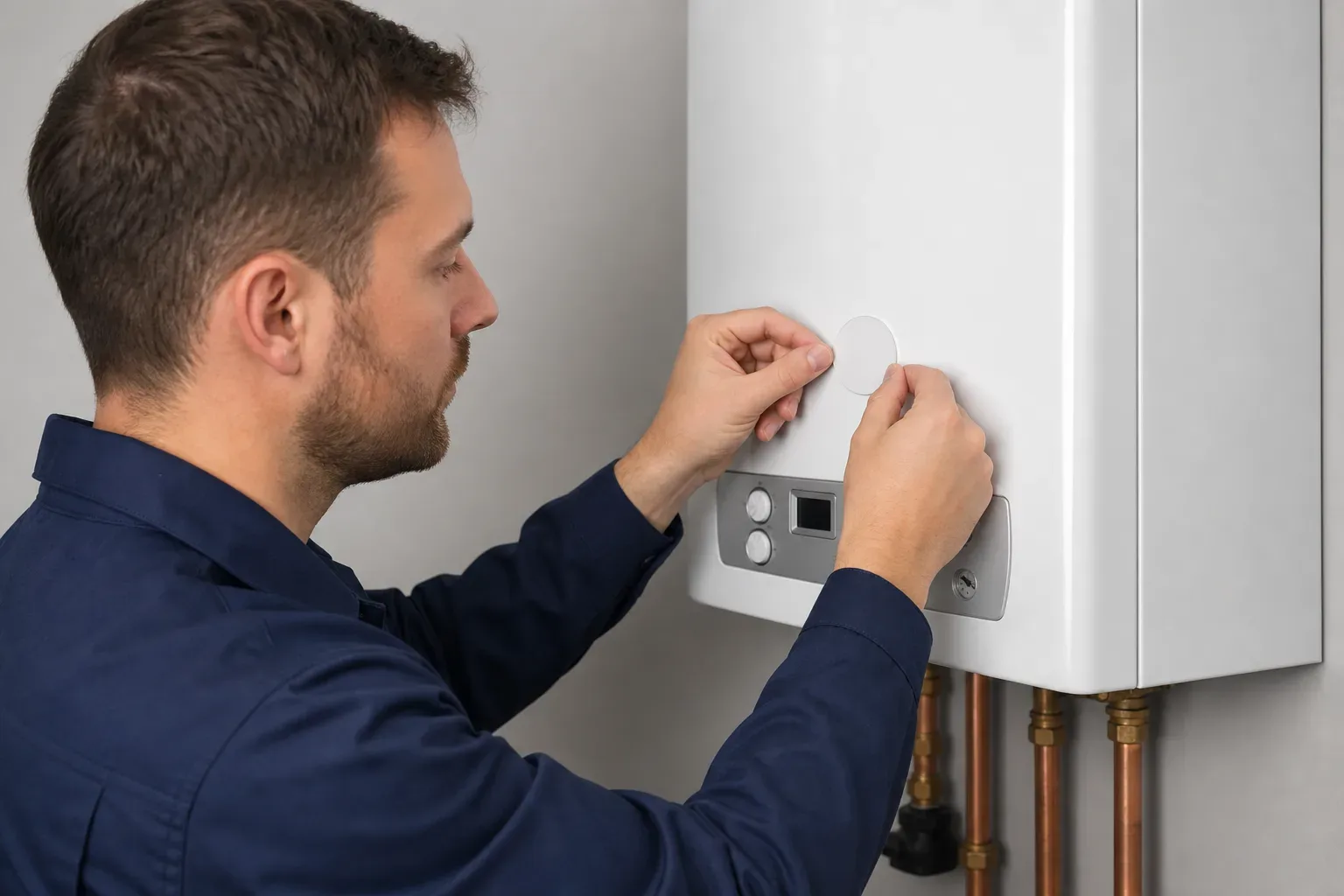 An engineer affixing a next-service-due sticker onto the front of a boiler casing