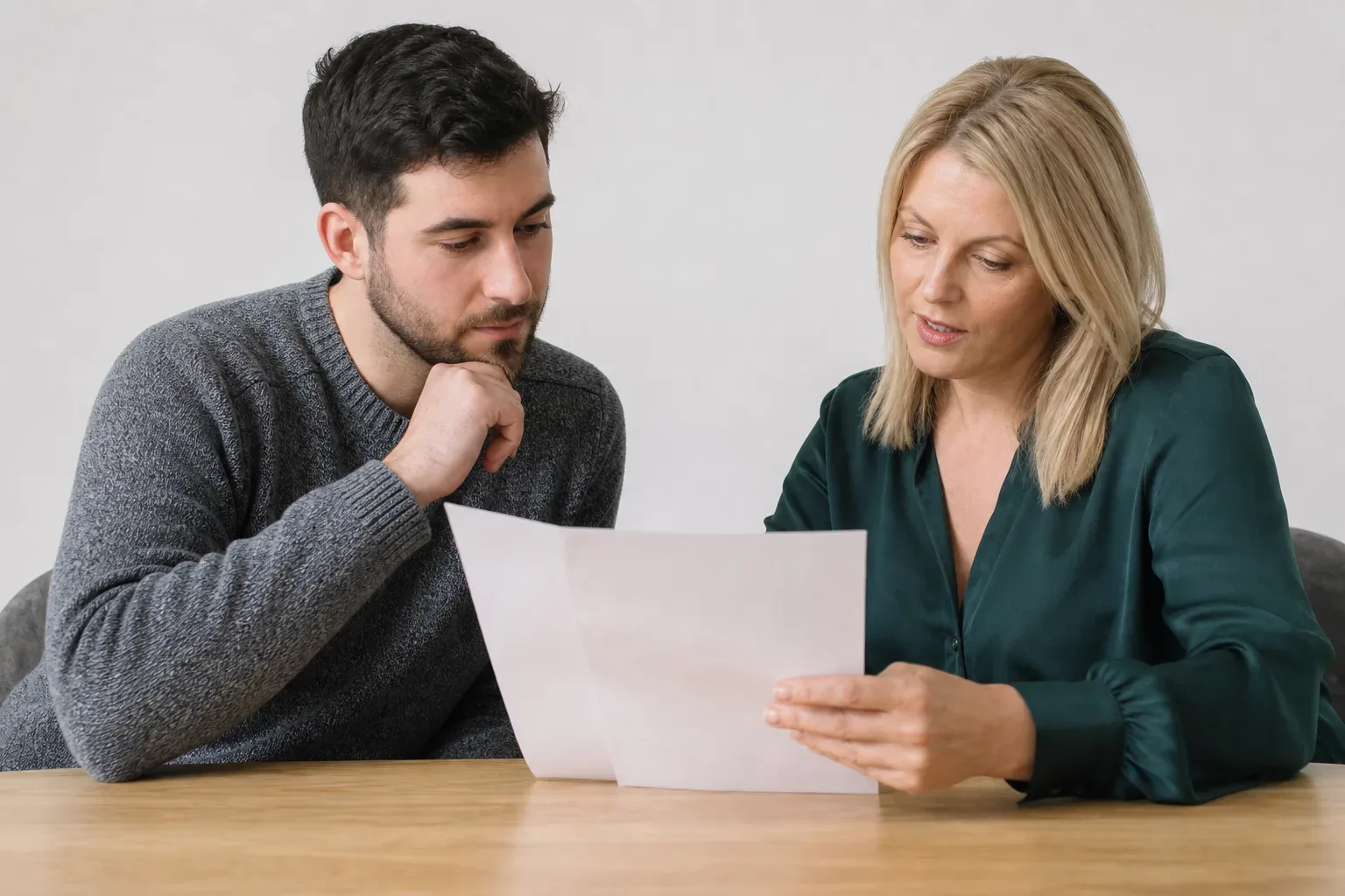 A tenant and landlord reviewing a tenancy agreement document that references boiler servicing
