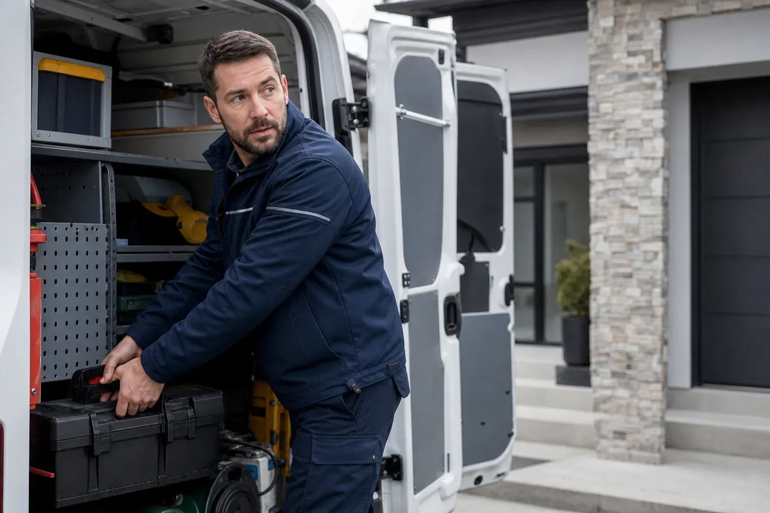 An engineer responding urgently, loading tools into a van parked outside a home