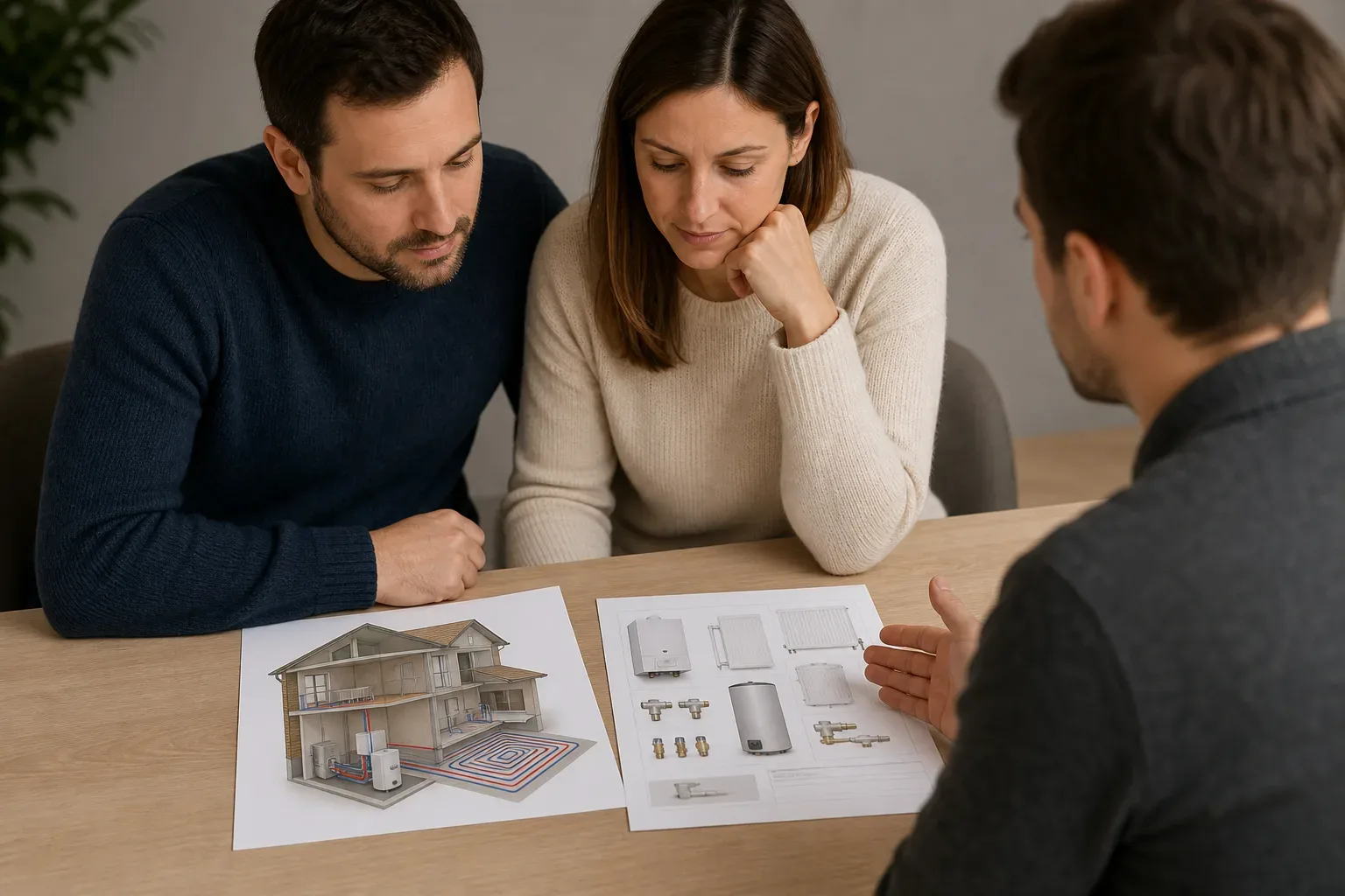 Two homeowners sit at a table reviewing printed heating system diagrams with a consultant.