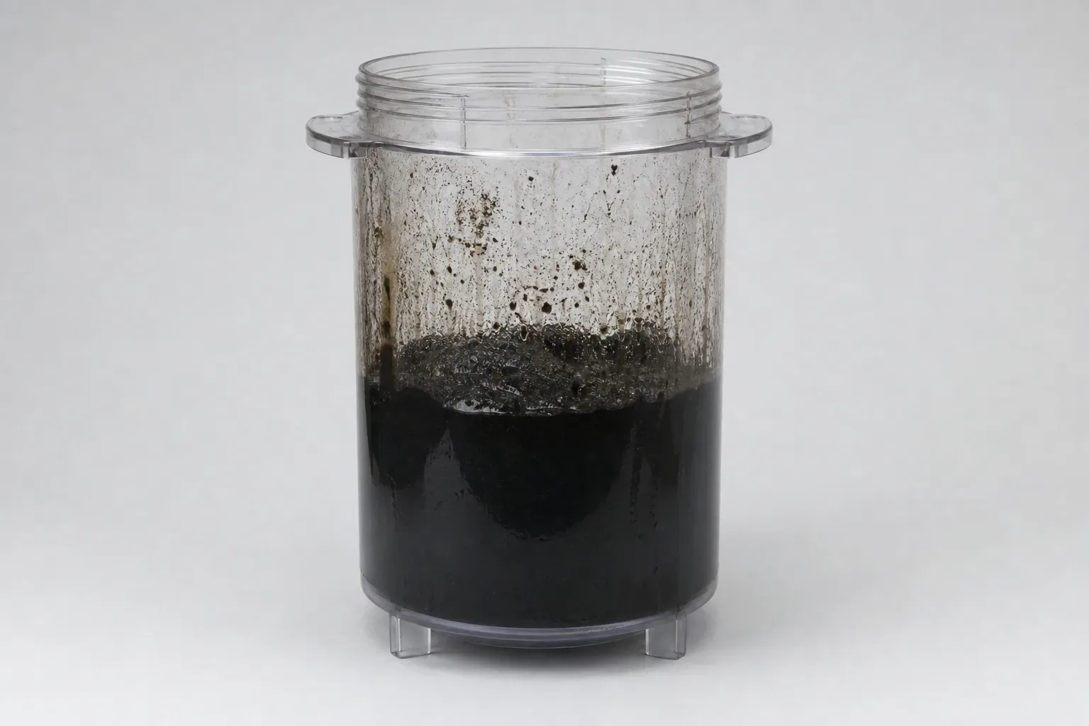 A clear container showing thick black sludge flushed out from a central heating system