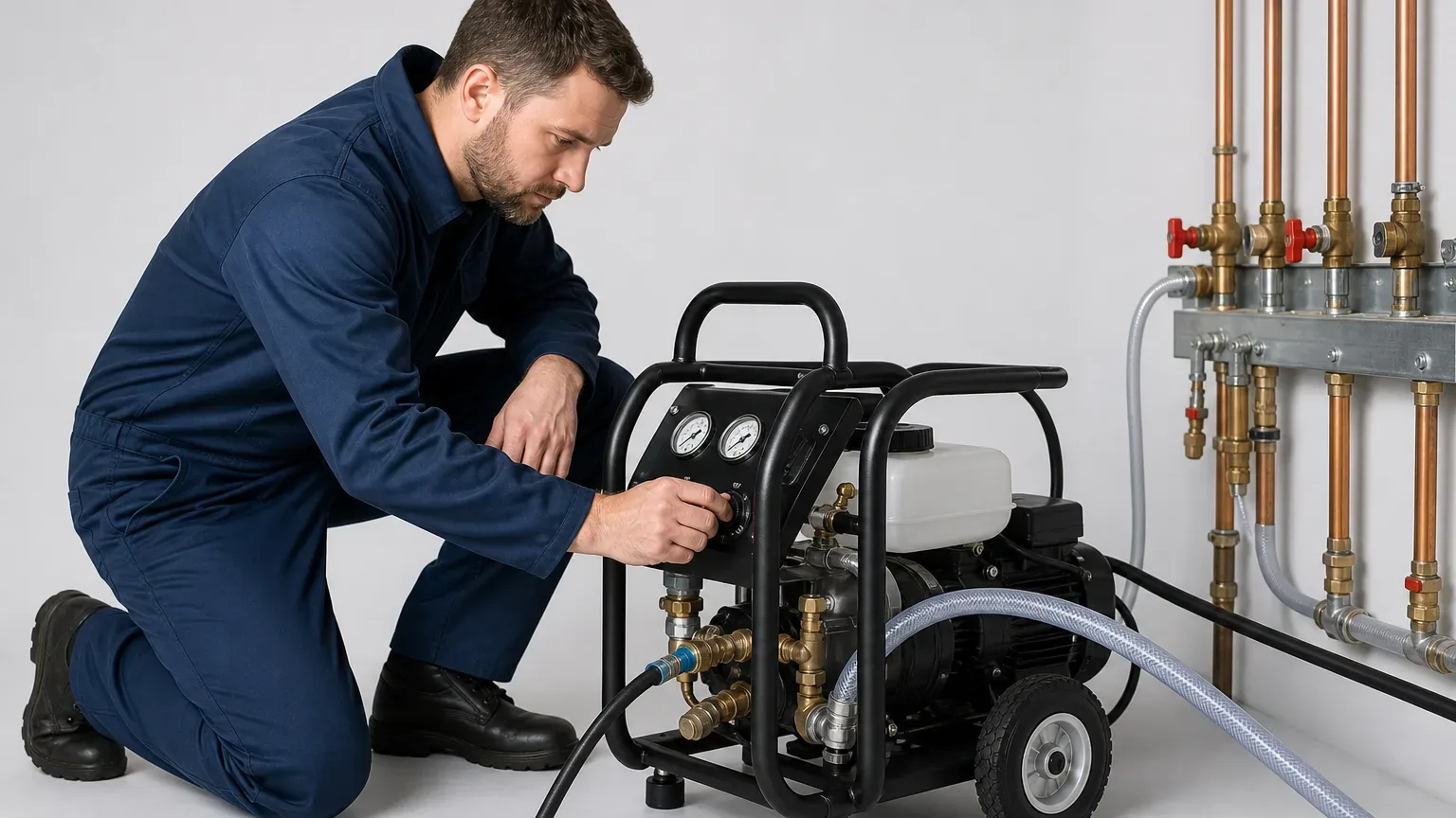 An engineer adjusting the flow rate on a power-flushing machine connected to the system