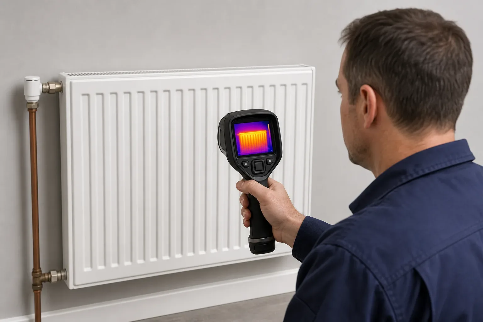 An engineer using a thermal imaging camera to check heat distribution across a radiator