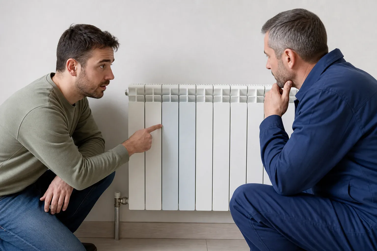 A homeowner pointing to a cold section of a radiator while asking an engineer a question