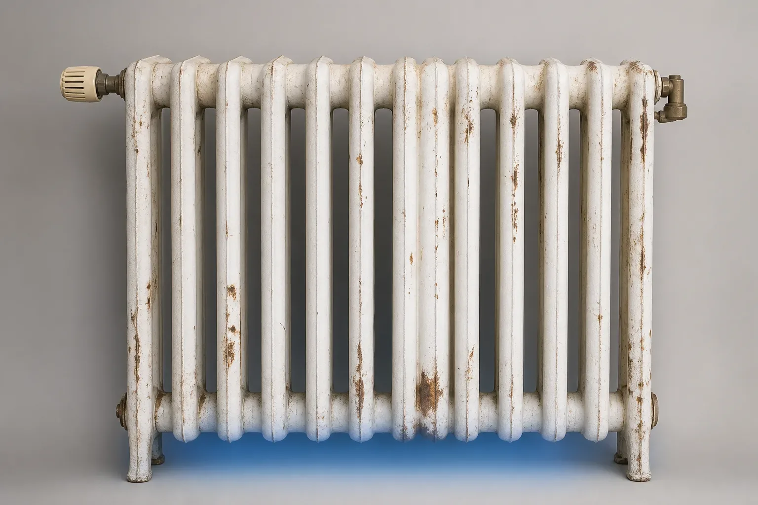 A radiator with visible rust patches and a persistent cold spot at the bottom
