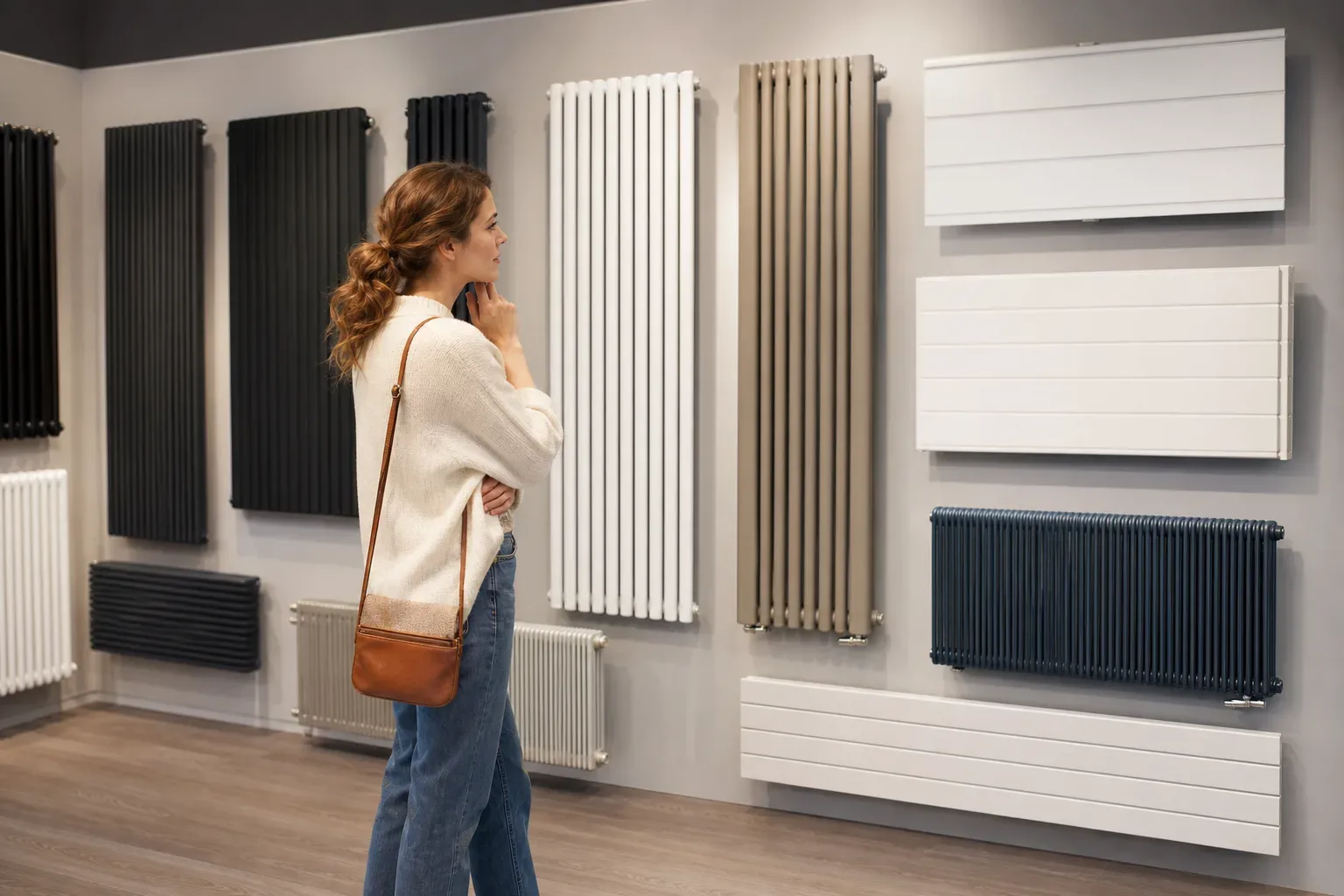 A homeowner browsing a range of radiator styles displayed in a showroom
