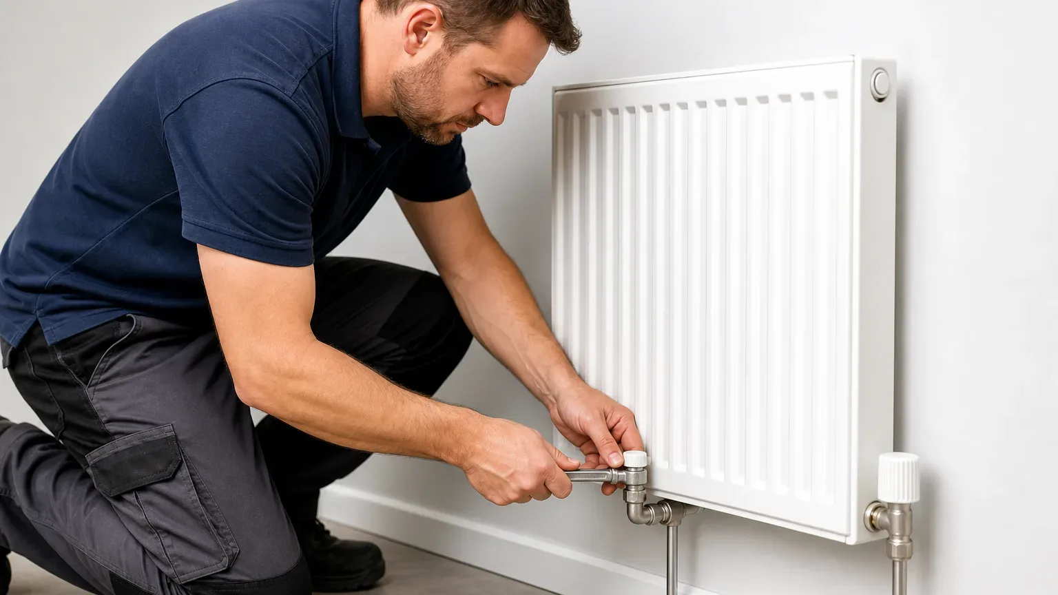 An engineer fitting new valve connections to a freshly hung replacement radiator