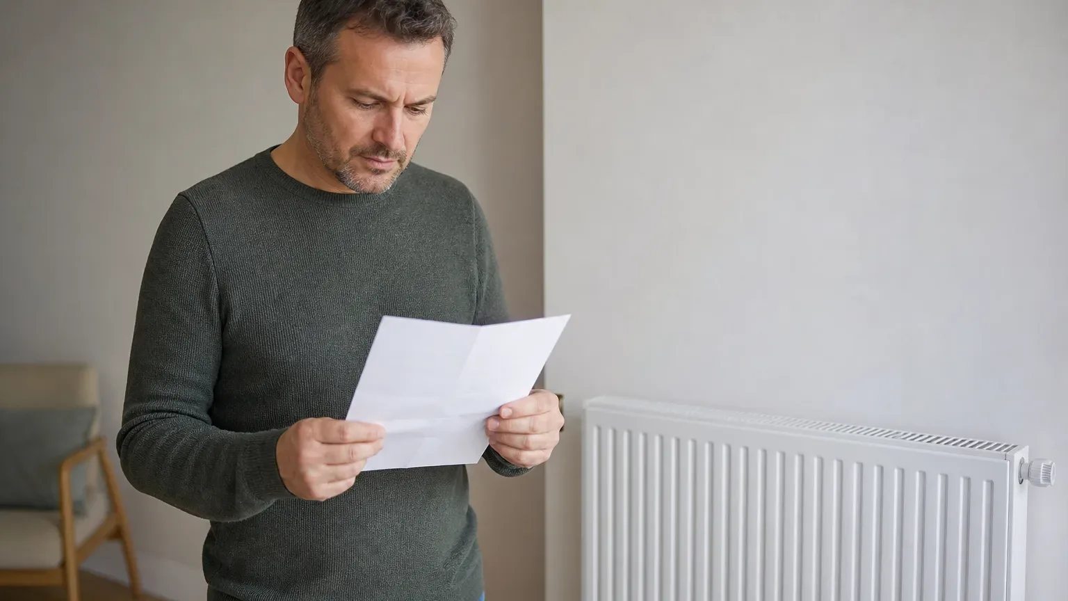 A homeowner consulting a printed radiator FAQ sheet while standing in a room