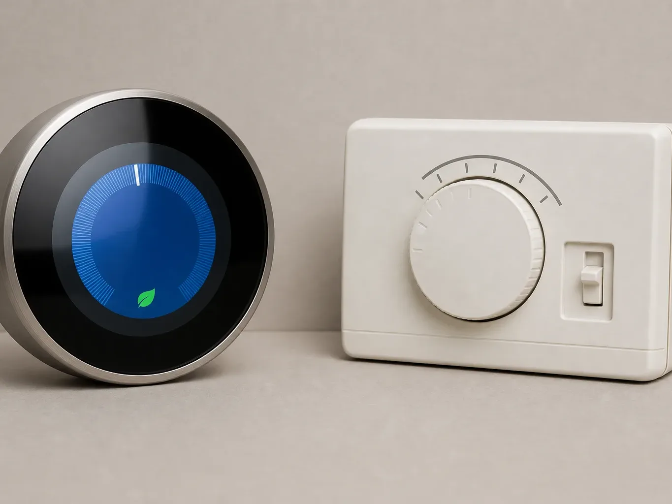 A smart thermostat with a touchscreen display next to an older dial programmable thermostat