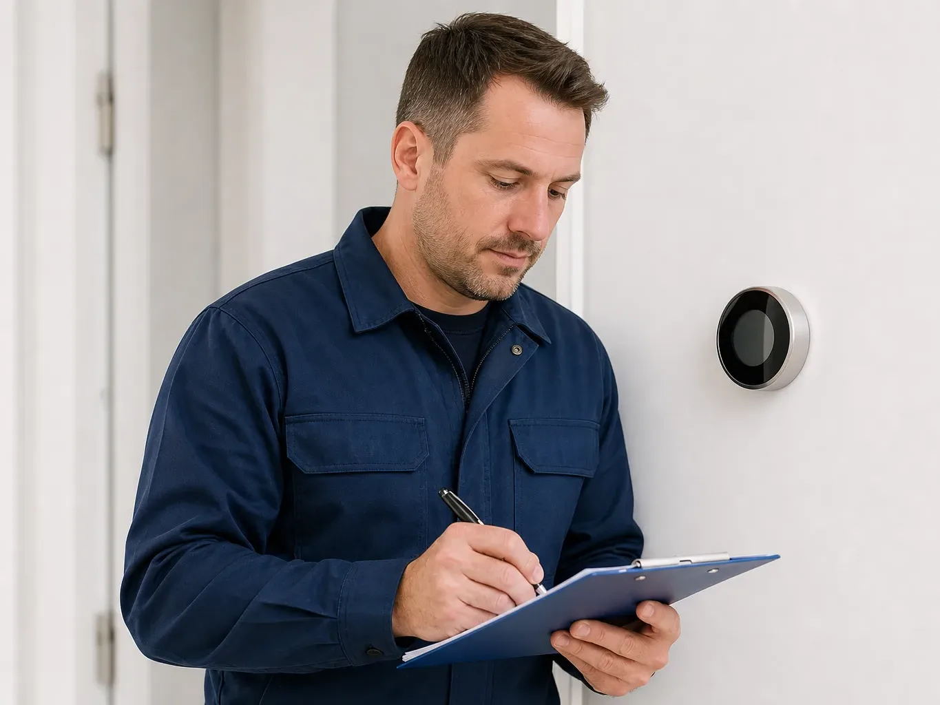 An engineer writing a smart thermostat installation quote on a job card
