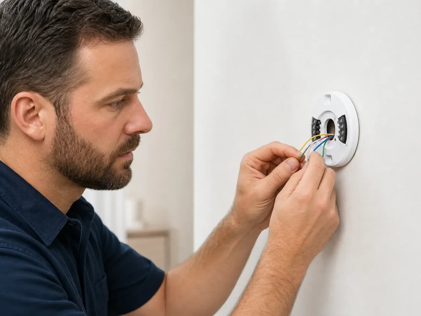 An engineer connecting wiring behind a smart thermostat base plate during installation