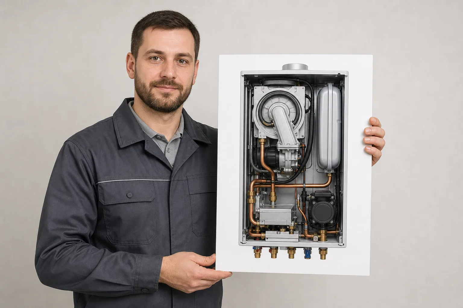 A labelled diagram card of a system boiler's internal components held up by an engineer