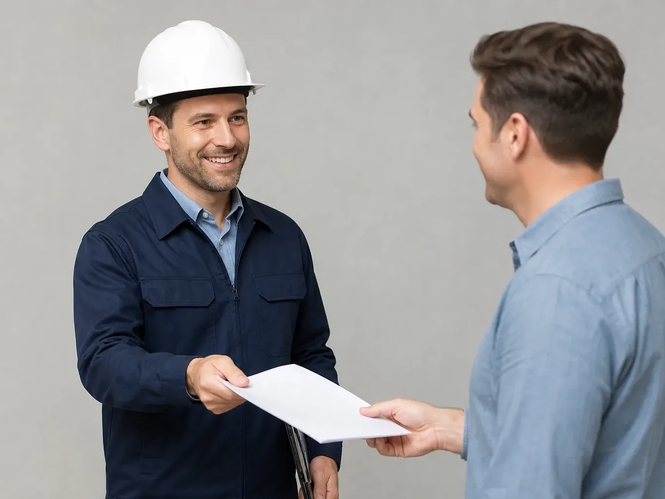 An engineer handing a printed quotation sheet to a homeowner