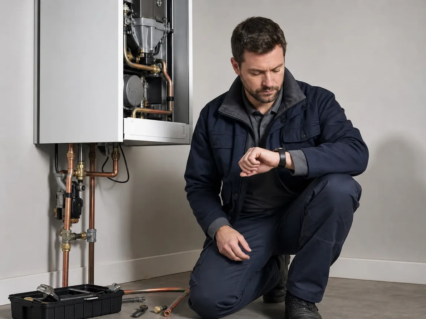 An engineer checking a wristwatch while kneeling beside a half-installed boiler