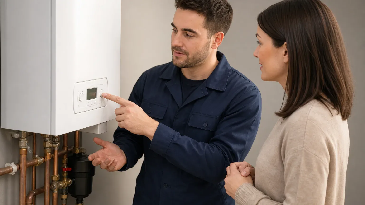 An engineer demonstrating boiler controls to a homeowner after installation is complete