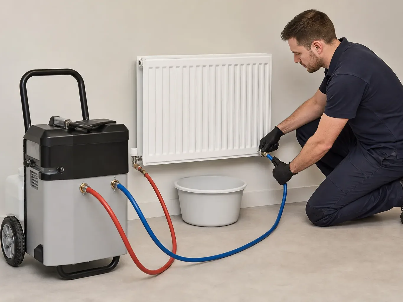 A power-flushing machine connected to radiator valves with coloured hoses visible