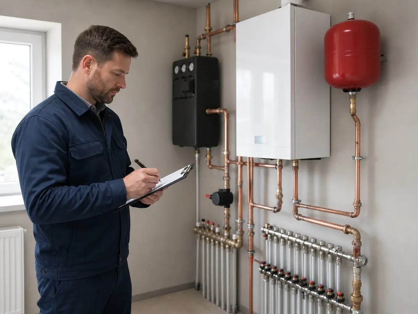 An engineer using a clipboard checklist while surveying a property's heating layout