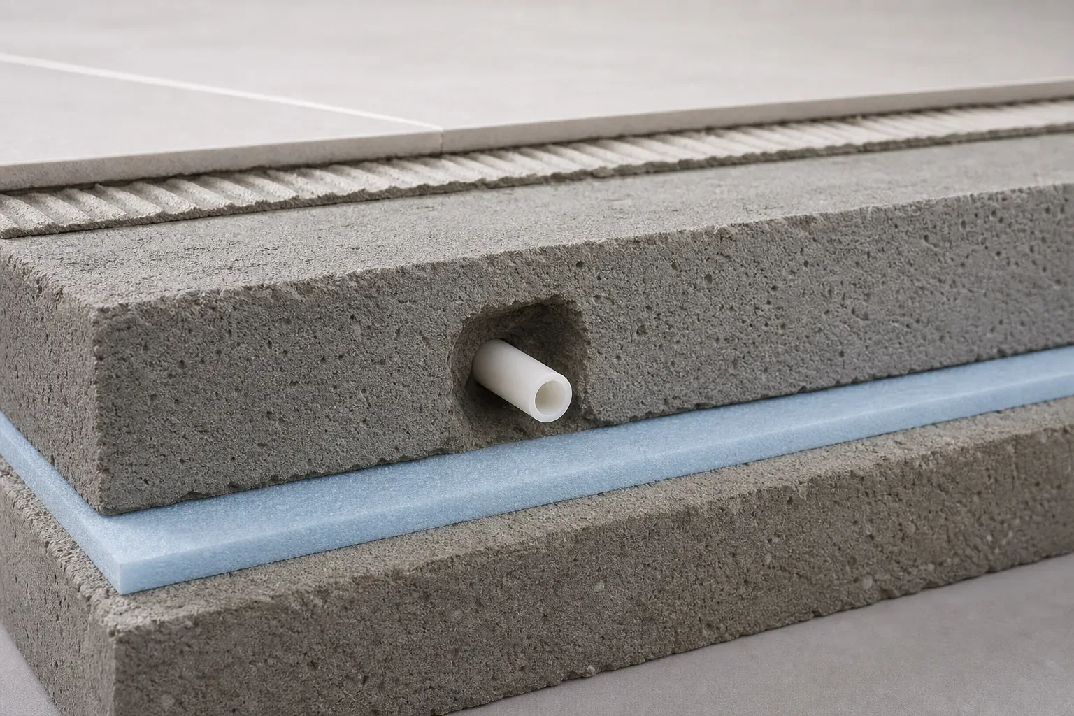 A cross-section cutaway view of floor layers showing a heating pipe embedded in screed