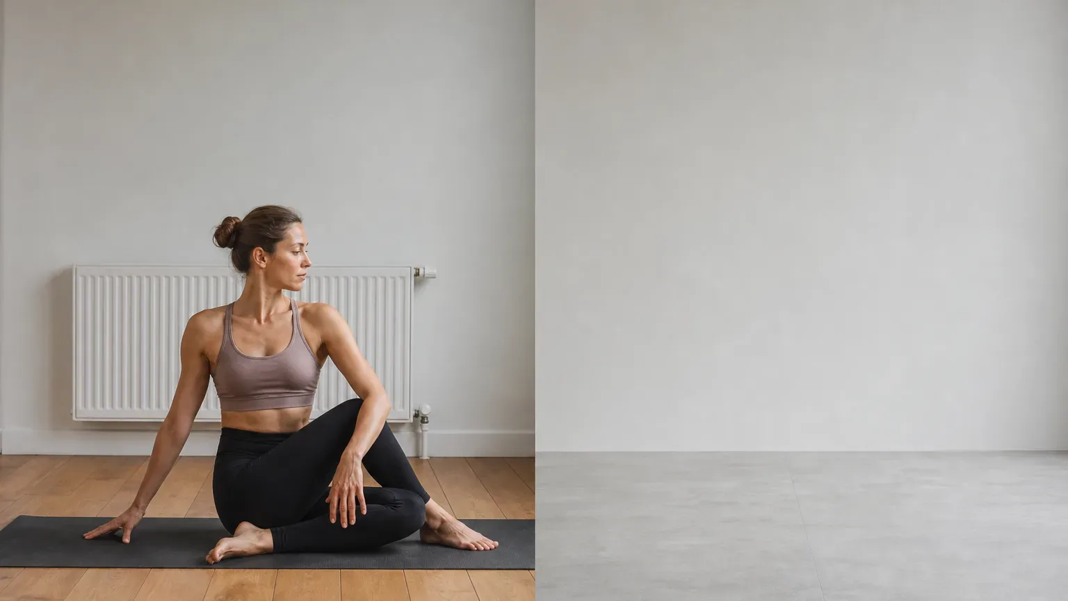 A room split between a radiator on one wall and a clean floor-only setup on the other side