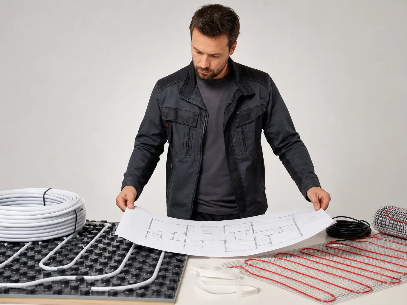 An installer consulting a floor plan to decide between wet and electric underfloor options