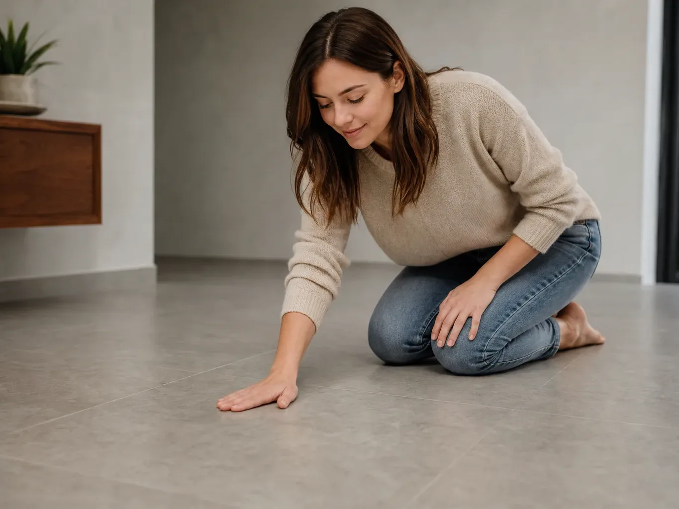 A homeowner kneeling to feel a warm tiled floor surface after underfloor heating is activated