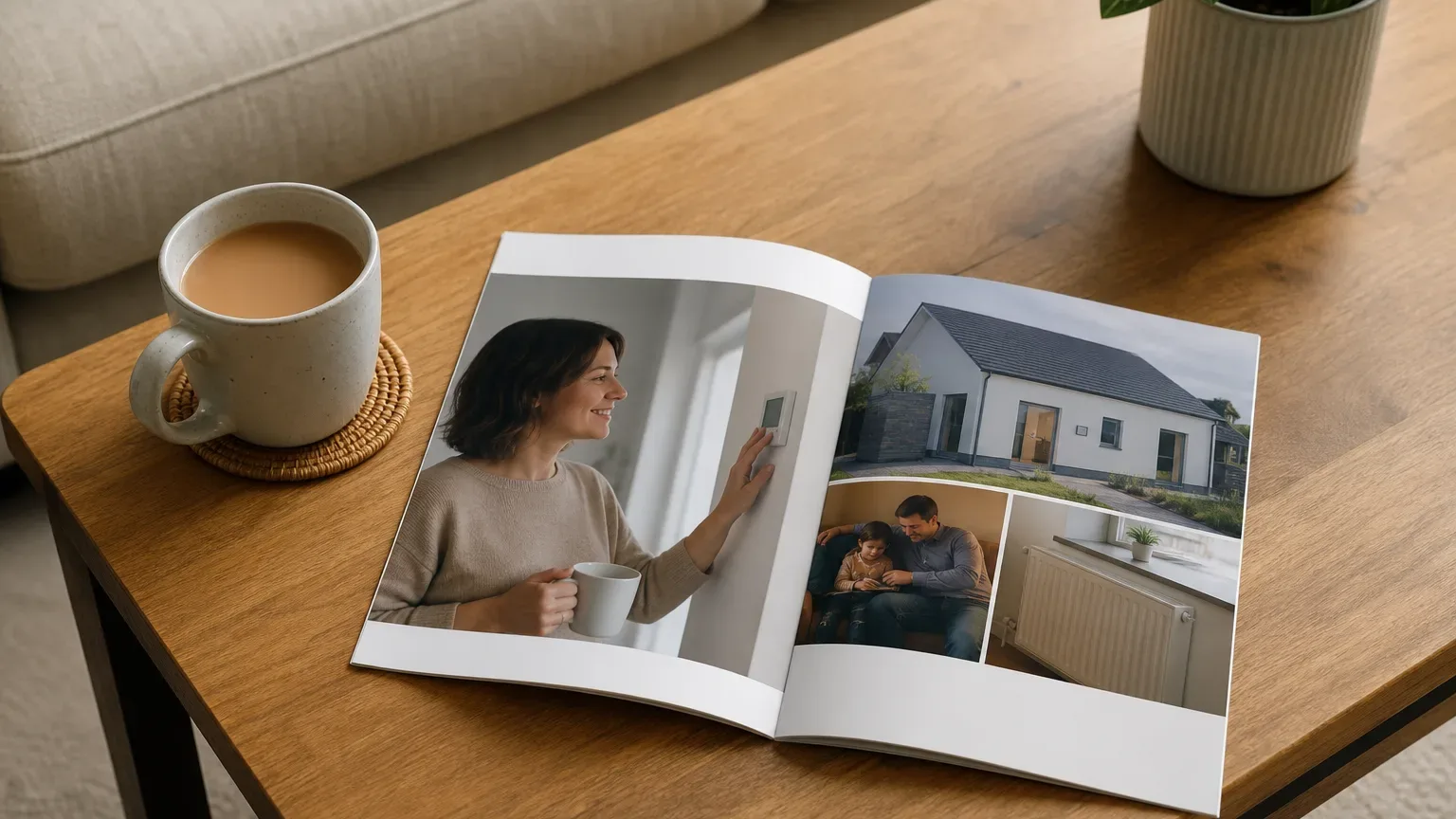 A Warmer Homes Scotland scheme brochure open on a coffee table beside a cup of tea