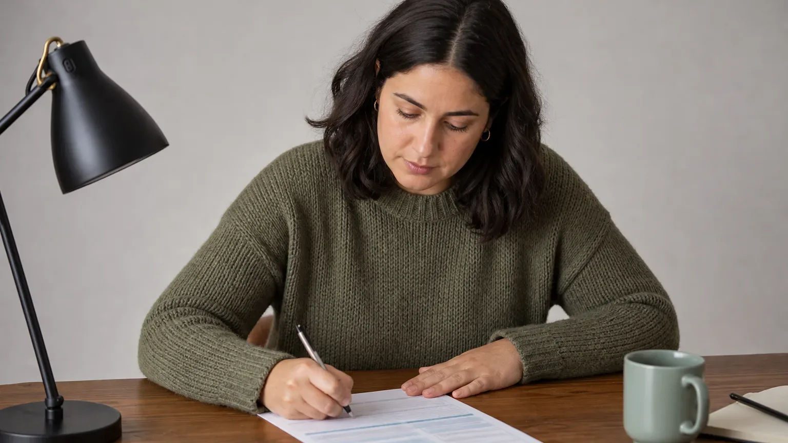 A person filling in a Warmer Homes Scotland application form at a desk