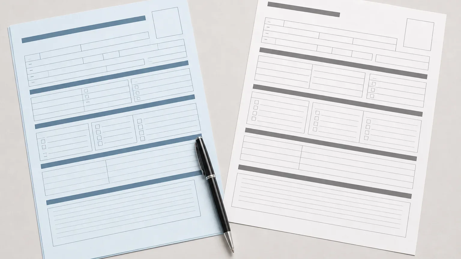 Two scheme application forms laid out together with a pen for comparison