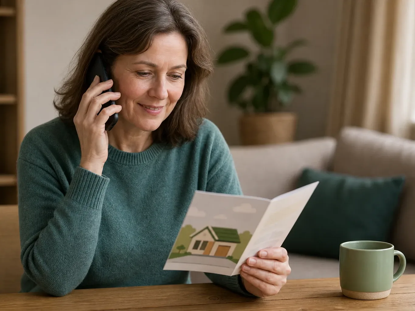A homeowner calling a scheme helpline number listed on a Warmer Homes leaflet